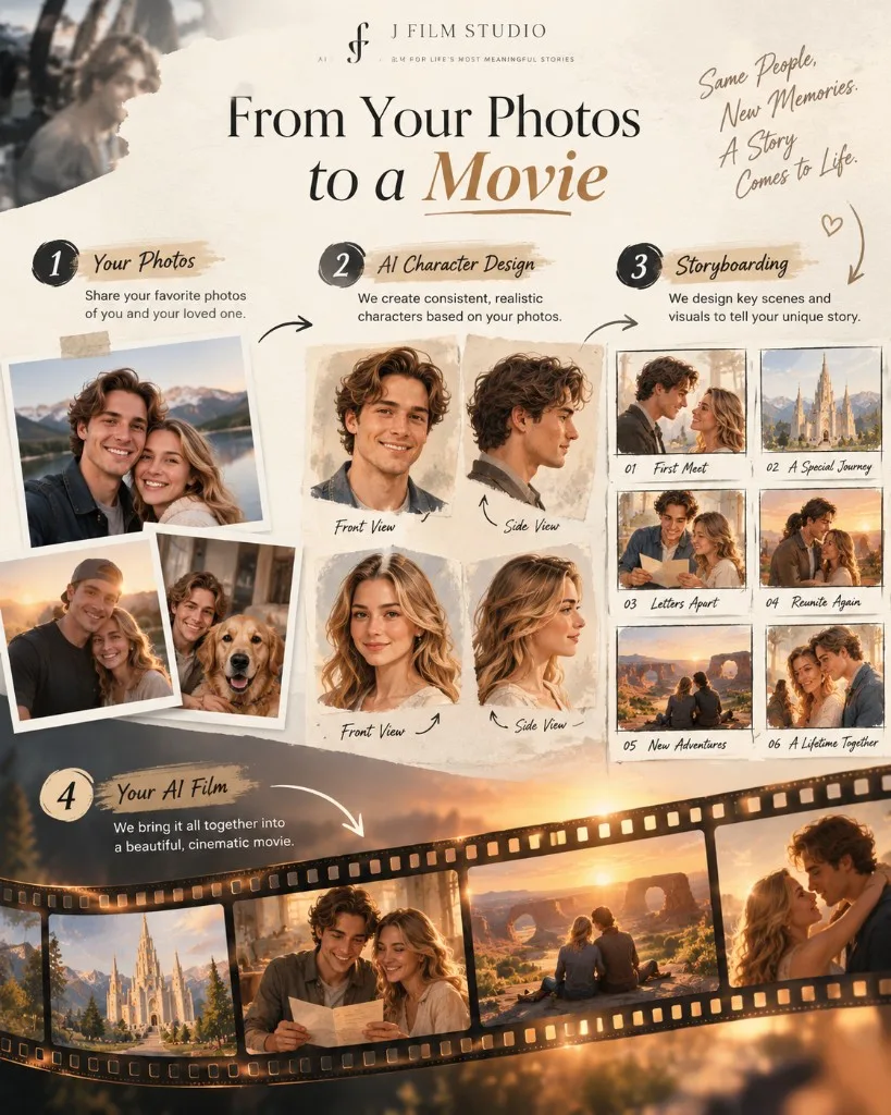 J FILM STUDIO AI Film process diagram: your photos become a consistent AI character, then storyboarded scenes, then a finished film